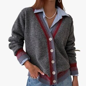 Gray and Red Women's Cardigan Sweater